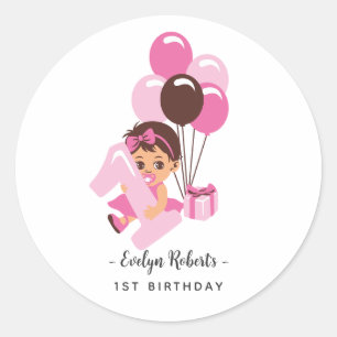 Sticker Rond Bébé Fille Premier Anniversaire Ballon Rose