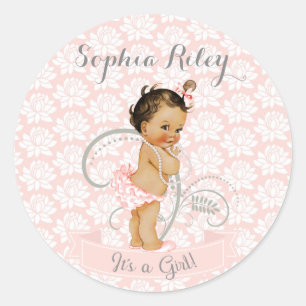 Sticker Rond Bébé Fille Rose Afro-Américaine Latina Ethnique