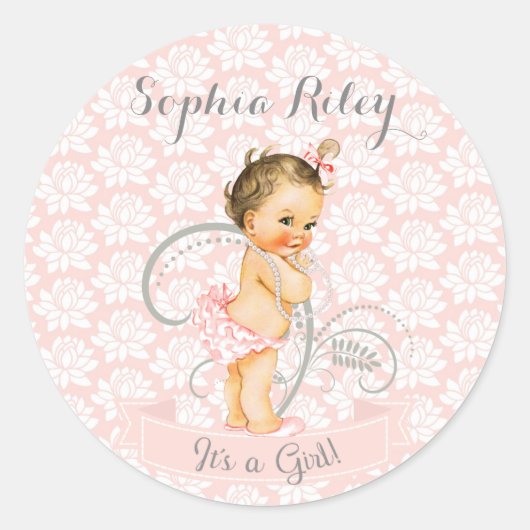 Sticker Rond Bébé Fille rose blanc & gris (Devant)