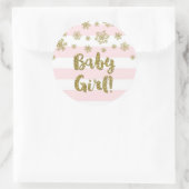 Sticker Rond Bébé Fille rose rayure or neige Baby shower d'hive (Sac)