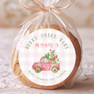 Sticker Rond Bébé Fraise Sucrée Car Rouge Gingham Rose