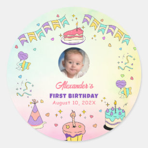 Sticker Rond Bébé Garçon au Premier Anniversaire Photo Pastel D
