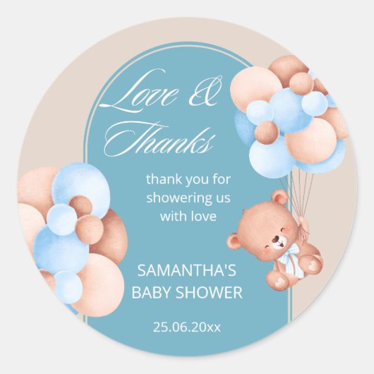 Sticker Rond Bébé garçon bleu beige ballons baby shower merci (Devant)