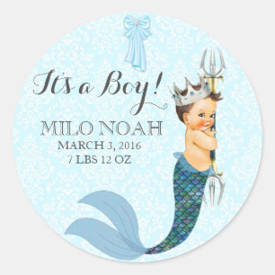 Sticker Rond Bébé Garçon Merman Merboy Prince Couronne