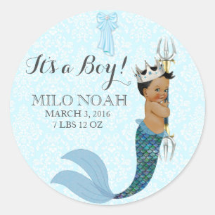 Sticker Rond Bébé garçon prince sirène Couronne Afro-Américain