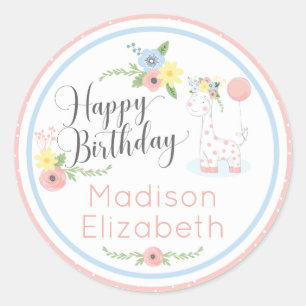 Sticker Rond Bébé girafe Fleurs roses Joyeux 1er anniversaire f