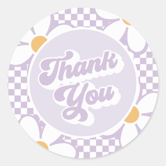 Sticker Rond Bébé Groovy Violet Daisy Checker Merci (Devant)