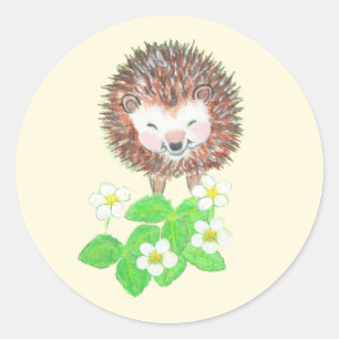 Sticker Rond Bébé Hérisson & Fleurs de fraises sauvages