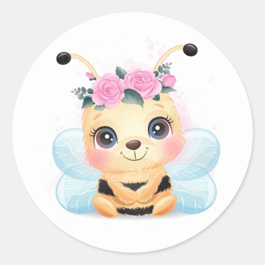 Sticker Rond Bébé jaune mignon Bumble Bee Rose rose (Devant)