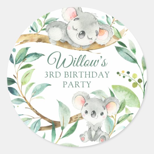 Sticker Rond Bébé Koala Ours personnalisé fête d'anniversaire (Devant)