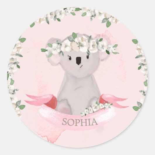 Sticker Rond Bébé mignon animal Koala rose florale (Devant)