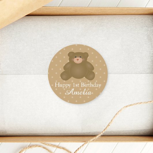 Sticker Rond Bébé mignon Brown Teddy Bear Premier anniversaire