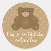 Sticker Rond Bébé mignon Brown Teddy Bear Premier anniversaire (Devant)