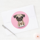 Sticker Rond Bébé mignon Carlin Chien chiot sur rose (Enveloppe)