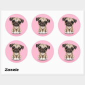 Sticker Rond Bébé mignon Carlin Chien chiot sur rose (Feuille)
