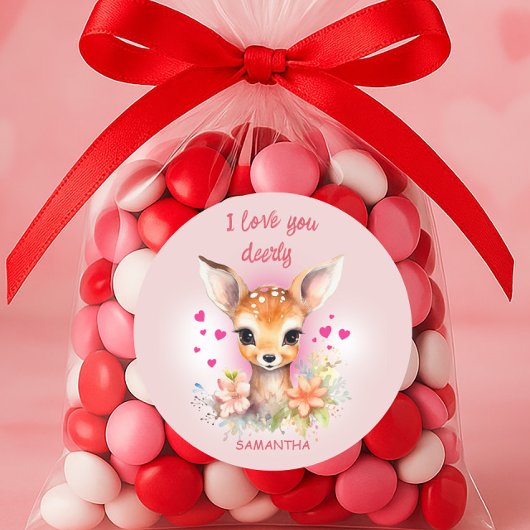 Sticker Rond Bébé mignon Deer Love You Pink Happy Valentines Da