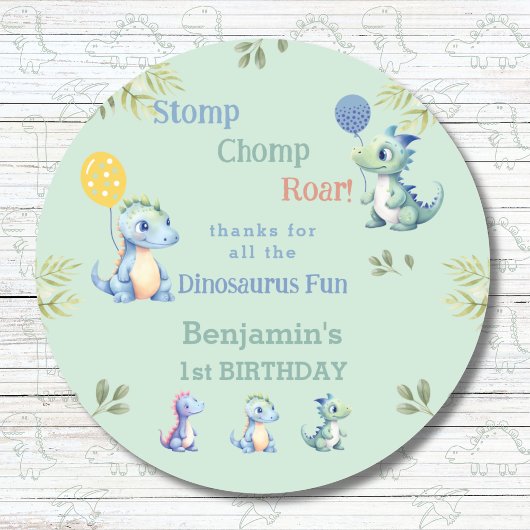 Sticker Rond Bébé mignon Dinosaur 1er anniversaire Merci