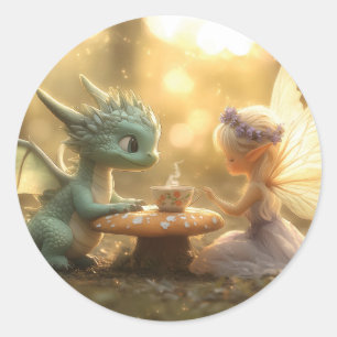 Sticker Rond Bébé mignon Dragon et Fée Profitant du thé