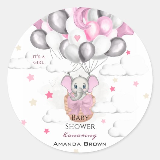 Sticker Rond Bébé mignon Eléphant Balloon Panier Baby shower fi (Devant)