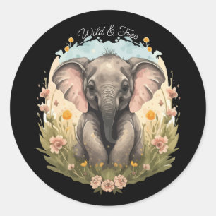 Sticker Rond Bébé mignon Eléphant Calf Fleur sauvage Wanderlust