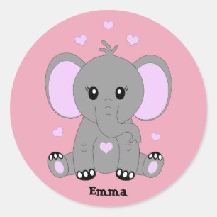 Sticker Rond Bébé mignon éléphant en rose pour les filles, dess