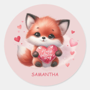 Sticker Rond Bébé mignon Fox Red Heart Rose Joyeux Valentines J