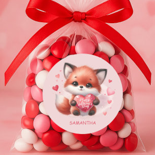 Sticker Rond Bébé mignon Fox Red Heart Rose Joyeux Valentines J