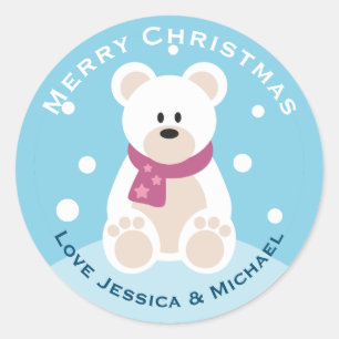 Sticker Rond Bébé mignon Ours polaire Joyeux Noël personnalisé