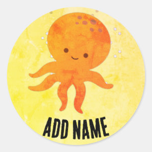 Sticker Rond Bébé mignon poulpe Cartoon Nom personnalisé