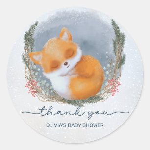 Sticker Rond Bébé mignon renard neige Baby shower d'hiver Merci