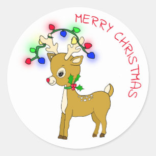 Sticker Rond Bébé mignon renne avec lumières de Noël