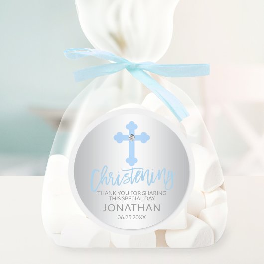 Sticker Rond Bébé moderne Croix Bleue Christening Garçon Merci