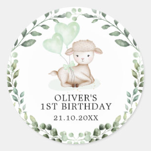 Sticker Rond Bébé Mouton Agneau vert Wreath Neutre Anniversaire