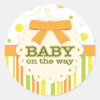 Sticker Rond Bébé Neutre Orange & Vert en points Baby Bow