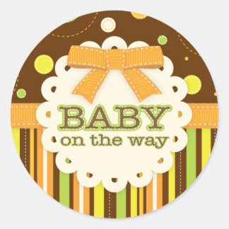 Sticker Rond Bébé Neutre Orange & Vert en points Baby Bow
