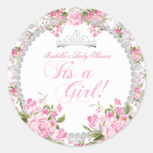 Sticker Rond Bébé Princesse Fille Shower Vintage Rose Florale