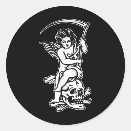 Sticker Rond Bébé Reaper Skull Scythe Blackwork Tattoo Flash (Devant)