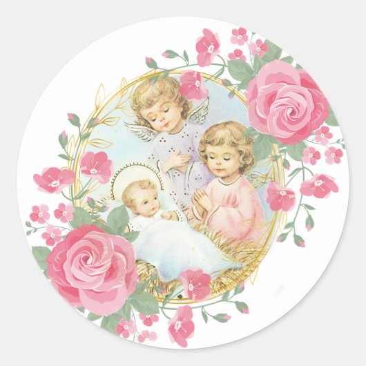 Sticker Rond Bébé religieux Jésus Anges de Noël Roses roses ros (Devant)