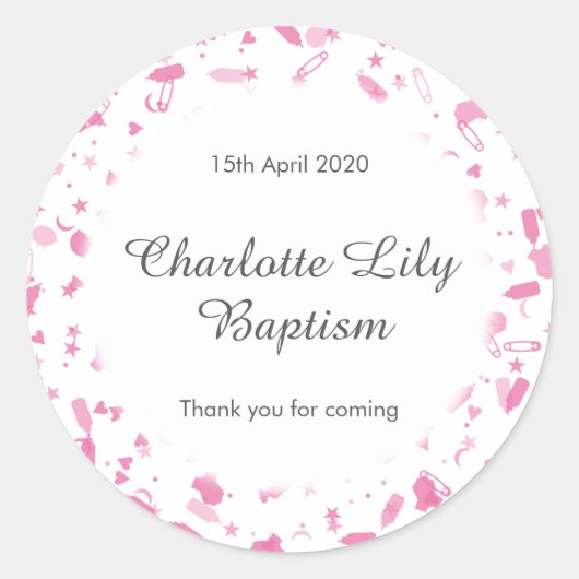 Sticker Rond Bébé rose Confetti Baptême Christening Favoriser (Devant)