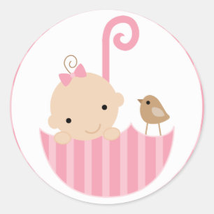 Sticker Rond Bébé rose dans un parapluie