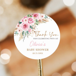 Sticker Rond Bébé rose En Fleur Boho Baby shower Floral