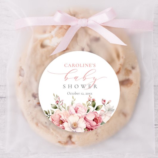 Sticker Rond Bébé rose Floral En Fleur Baby shower Fille