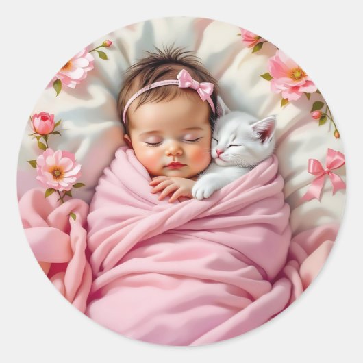 Sticker Rond Bébé rose floral fille et chaton blanc (Devant)
