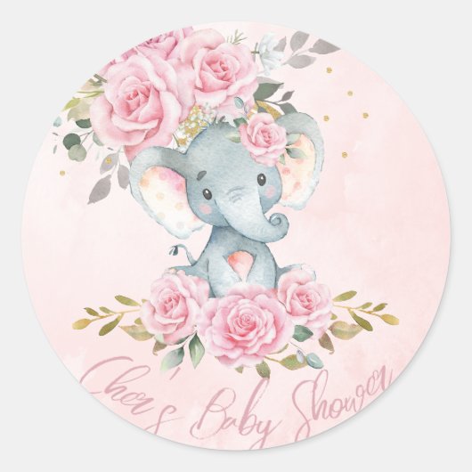 Sticker Rond Bébé rose floral mignon Eléphants Twins Baby showe (Devant)