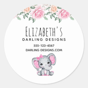 Sticker Rond Bébé rose mignon éléphant et Rose affaires frontal