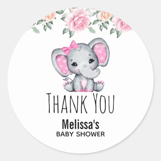 Sticker Rond Bébé rose mignonne Eléphant Baby shower Merci (Devant)