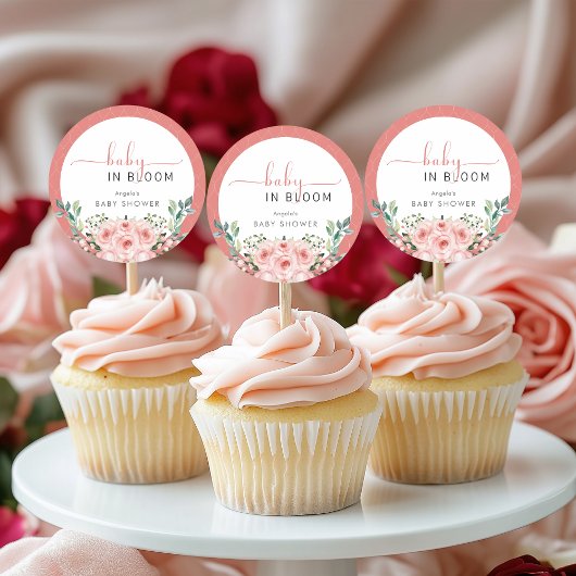 Sticker Rond Bébé rose pâle dans douche fleurie