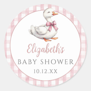 Sticker Rond Bébé Shower Mignon Petit Oie Rose à Carreaux