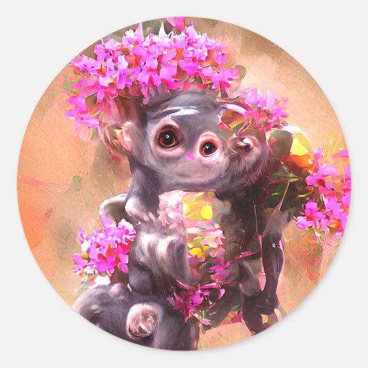 Sticker Rond Bébé singe avec fleurs (Devant)