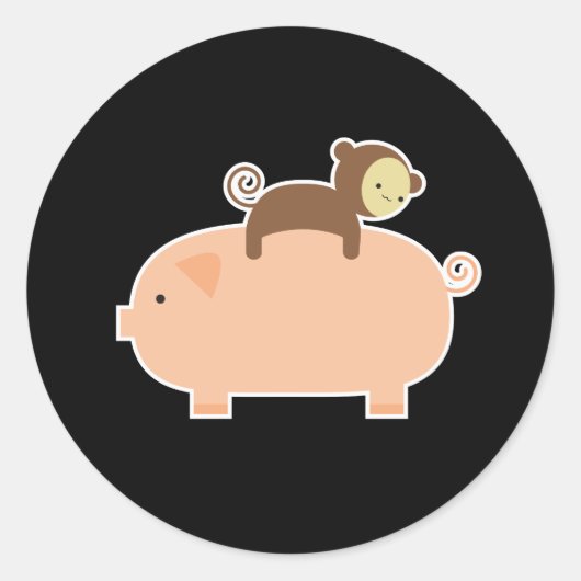 Sticker Rond Bébé singe équitation sur un cochon (Devant)
